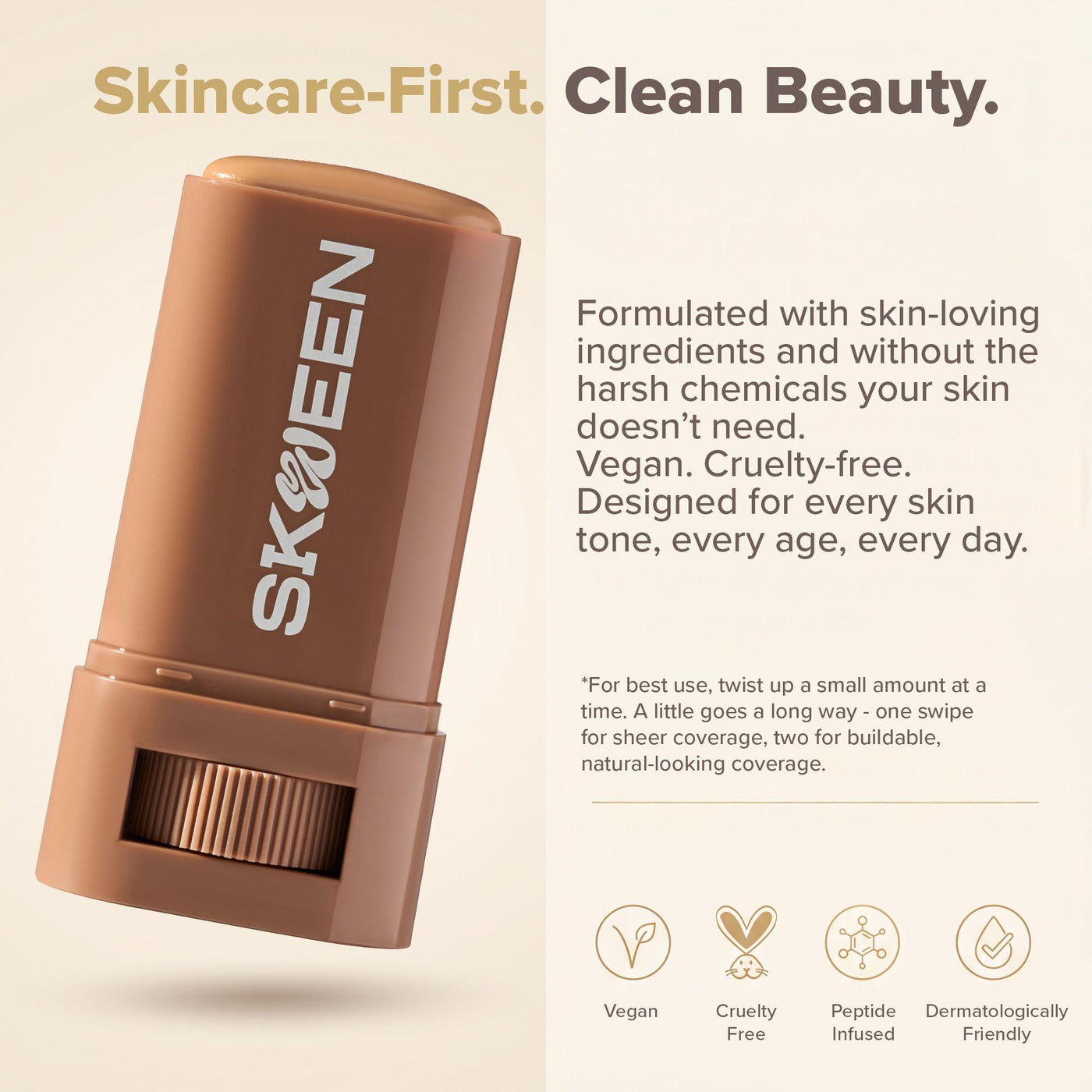 Skween Peptide BB Cream, Skin Tint Stick with HA+ Microspheres, Sheer-to-Light Coverage, Natural Glowy Finish